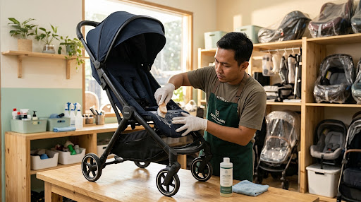 Proses pengerjaan teknisi service stroller di workshop Nafal Baby Care